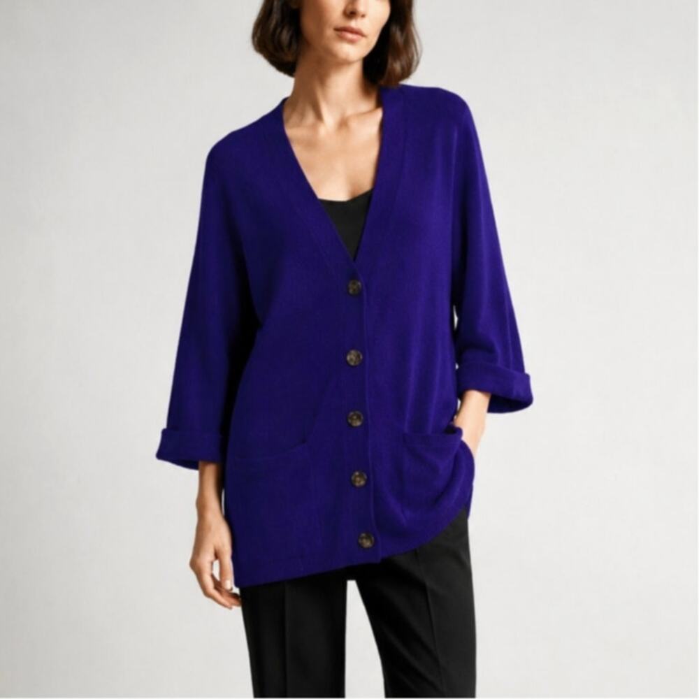 Theory M 100% Cashmere Long Button Front Cardigan Sweater $535 Bright Royal Blue